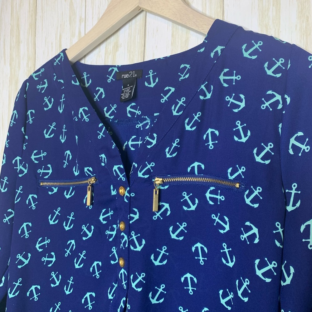 Blue and light blue anchor print blouse shirt with gold buttons